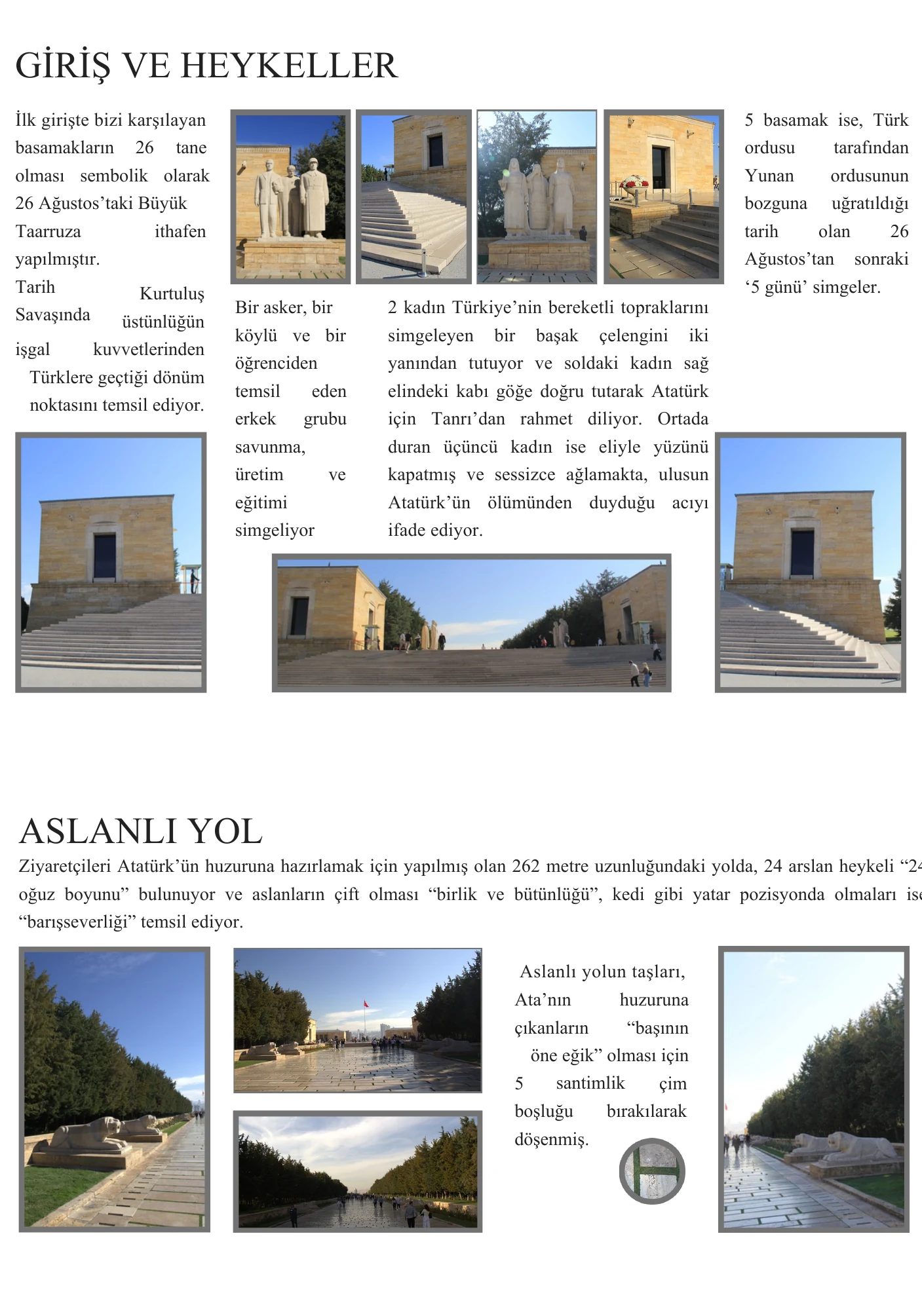 Anıtkabir girişi, heykel grupları ve Aslanlı Yol